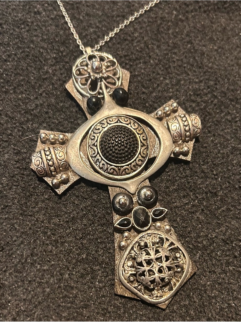 Sterling-Tone Ornate Black and Silver Cross Pendant Necklace